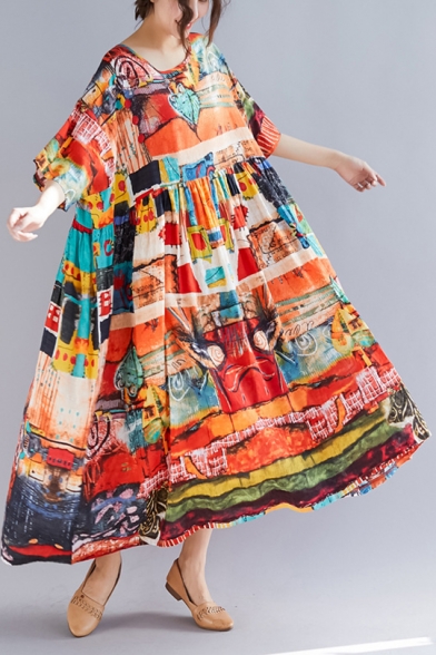 Womens Vintage Round Neck Half Sleeve Graffiti Print Loose Shift Swing Maxi Dress