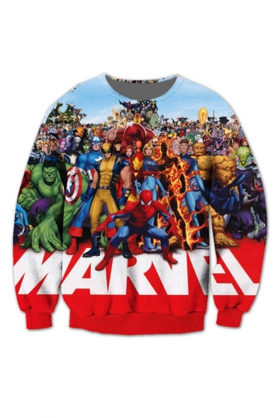 Comic Figure 3D Printed Round Neck Long Sleeve Red Pullover Sweatshirts