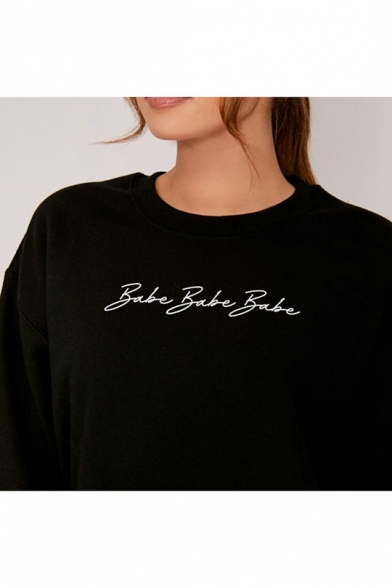Babe Letter Print Round Neck Long Sleeves Sweatshirt