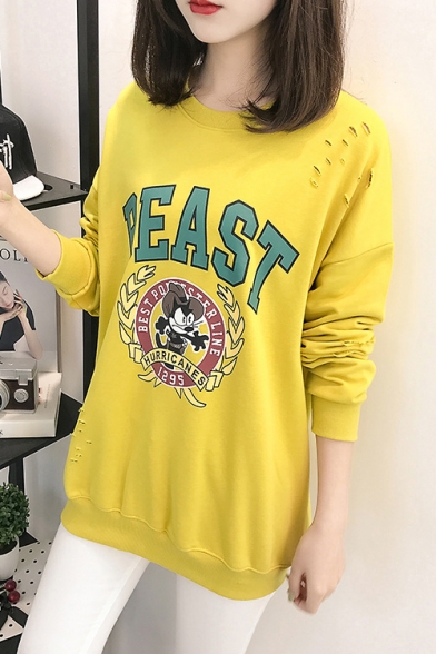 BEAST Letter Cartoon Mickey Mouse Printed Cut Out Round Neck Long Sleeves Sweatshirt