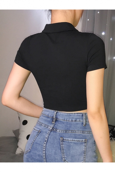 Black Short Sleeve Stand Collar TOOBUSY Letter Printed Cropped Polo Tee