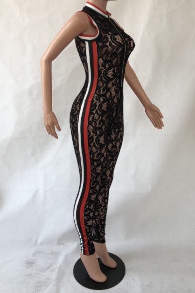 Black Sleeveless Striped Side Contrast Trim Sheer Mash Patch Slim Fitted Jumpsuits