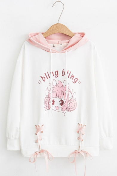 Bling Bling Letter Cartoon Girl Printed Color Block Lace Up Bow Tie Front Long Sleeve Leisure Hoodie