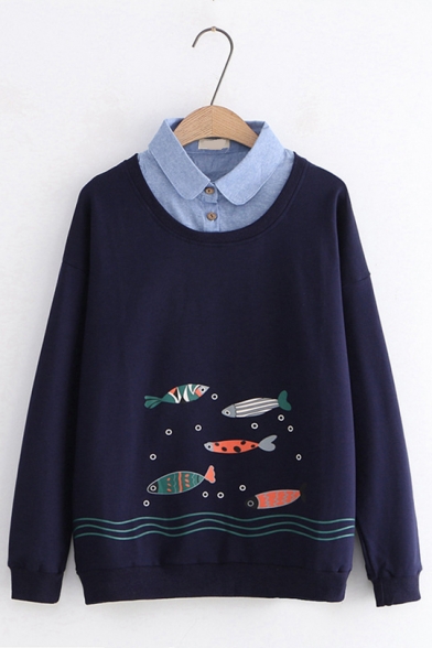 Cartoon Colorful Fish Printed Patched Lapel Collar Long Sleeve Leisure Sweatshirt
