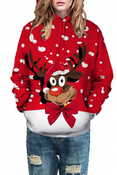 Christmas New Trendy Cute Moose 3D Printed Long Sleeve Unisex Red Drawstring Hoodie