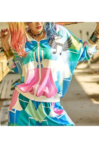 Cool Colorful Geometry Printed Long Sleeve Zip Up Hoodie With Pockets