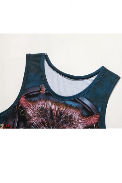 Cool Unique Sleeveless Round Neck 3D Tribal Feather Wolf Printed Blue Tank Top