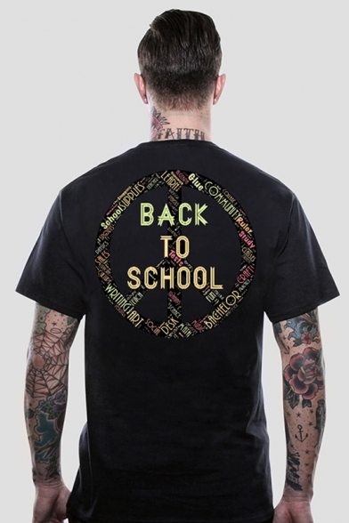 Cool Unique Young Mens Black Short Sleeve Round Neck BACK TO SCHOOL Letter Printed Leisure T-Shirts