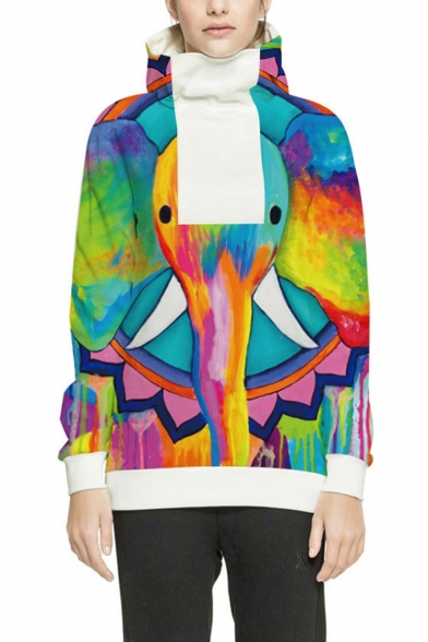 Couple Colorful Elephant Pattern Long Sleeve Zippered Side Pullover Hoodie
