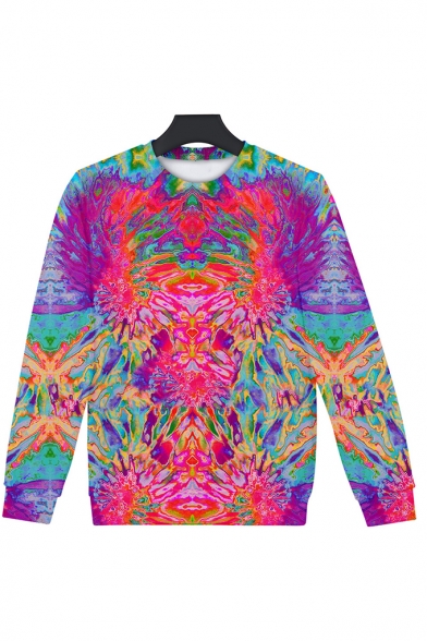 Couple Unique 3D Colorful Tie Dye Pattern Long Sleeve Relaxed Fitted Pullover Sweatshirt