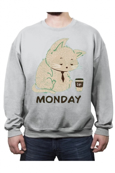 Cute Cartoon Cat Letter MONDAY Printed Men's Round Neck Casual Sweatshirt