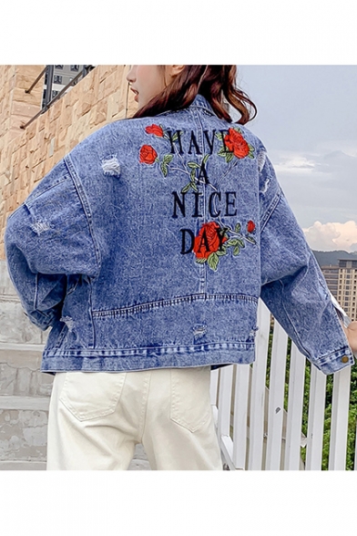 Fancy Rose Floral Letter Have A Nice Day Embroidery Button Front Blue Ripped Denim Jacket