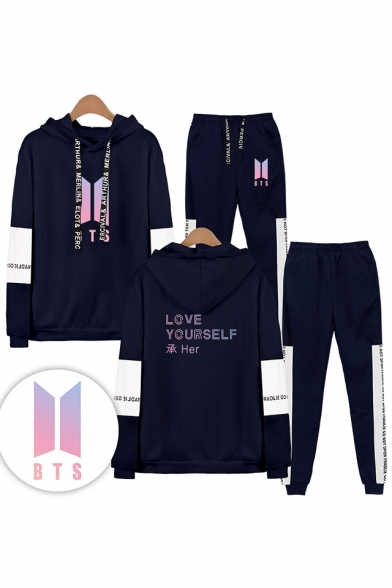 Fashion Letters LOVE YOURSELF Print Patterns BTS Idol Theme Long Sleeve Hoodie with Elastic Sweatpants Two Piece Set