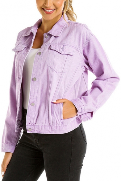purple denim jacket outfit