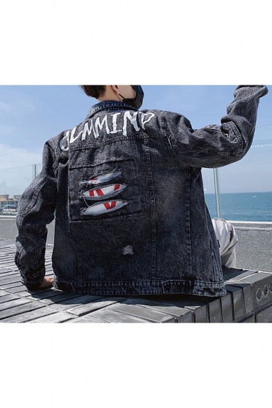 Guys Stylish Vintage Ripped Long Sleeve Letter CALMMIND Print Button Front Casual Black Denim Jacket