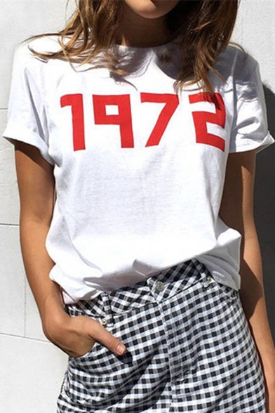 Hip Hop Style Short Sleeve Round Neck 1972 Letter Printed Cotton T Shirt for Couple