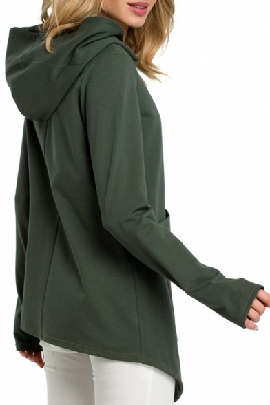 Hot Popular Big Pocket Oblique Zipper Hooded Asymmetric Hem Plain Long Coat