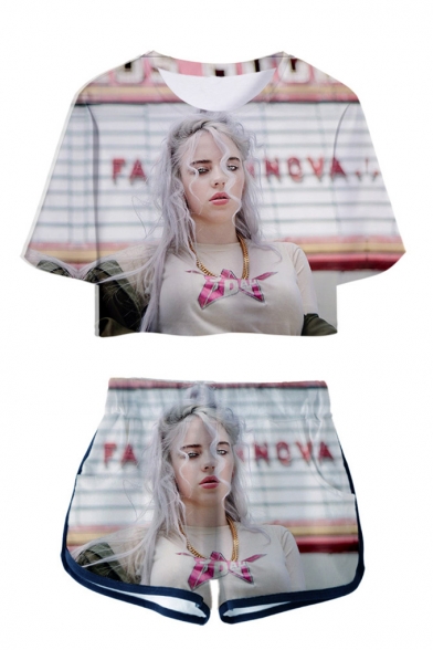 Hot Popular Character Print Short Sleeve Crop Tee with Dolphins Shorts Two Piece Set