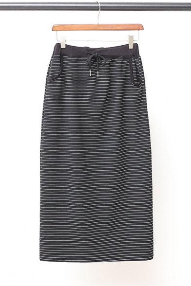 Hot Popular High Waist Self-Tie Split Back Casual Loose Leisure Midi Cotton Skirt