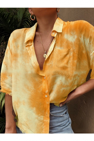 Hot Popular Tie-dye Print Short Sleeve Lapel Collar Button Down Leisure Shirt