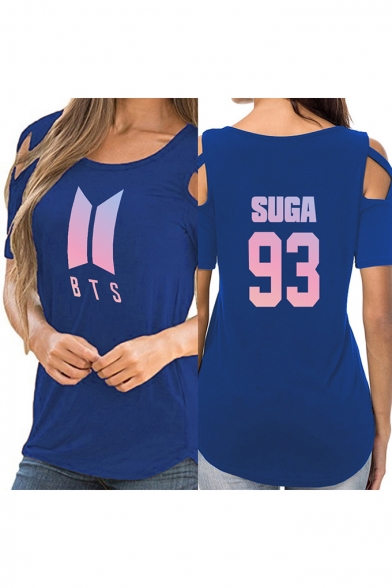Hot Trendy Cold Shoulder Kpop Logo Printed Round Neck Relaxed Fit T-Shirt