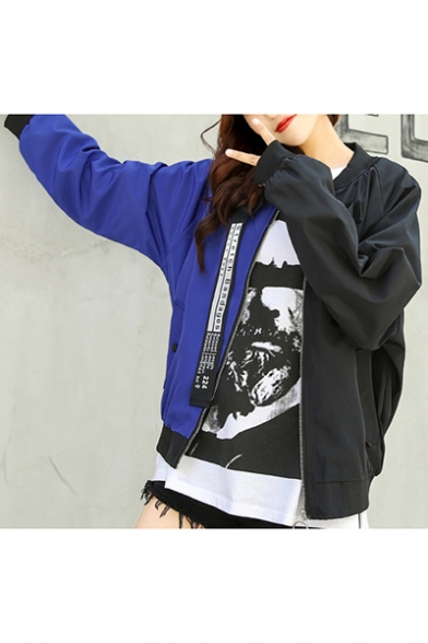 Keep Looking Letter Back Trendy Two-Tone Colorblock Stand Collar Long Sleeve Zip Up Baseball Jacket
