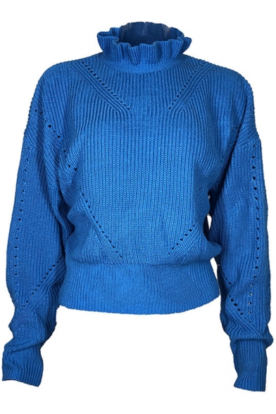 Ladies Popular Plain Patterns Mock Neck Ribbed Knit Long Sleeve Sweater
