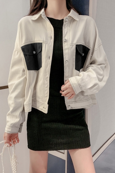 Lady Fashionable Colorblocked Flap Pockets Lapel Collar Single Breasted Long Sleeve Oversized Jacket