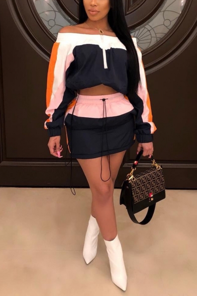 Long Sleeve Cropped Sweatshirt with Drawstring Cord Mini Skirt Colorblock Patch Loose Sunscreen Co-ords
