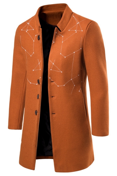 Men's Hot Popular Notched Lapel Collar Single Breasted Embroidery Print Mid-Length Casual Peacoat
