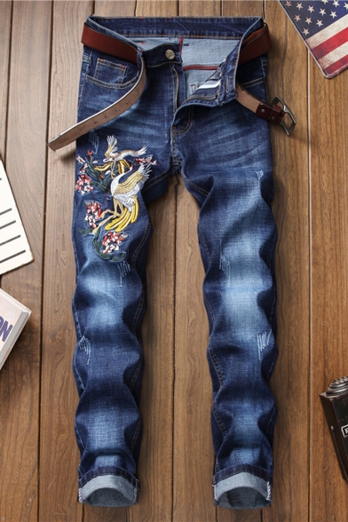 Men's New Fashion Floral Crane Embroidery Pattern Blue Stretched Slim Fit Ripped Jeans