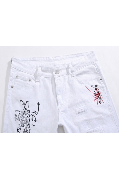 Men's New Fashion Letter Printed White Casual Slim Ripped Jeans