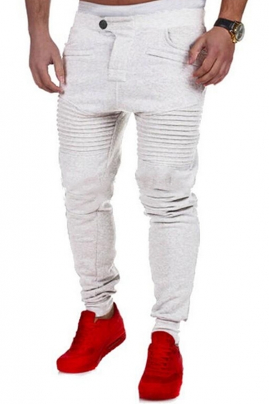 Men's New Fashion Solid Color Pleated Patched Casual Slim Cotton Pencil Pants