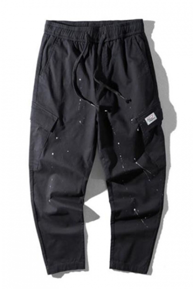 Men's New Fashion Splashing Ink Printed Black Trendy Cargo Pants with Side Pockets