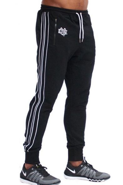 Men's New Stylish Contrast Stripe Side Zipped Pocket Logo Printed Drawstring Waist Casual Sports Sweatpants