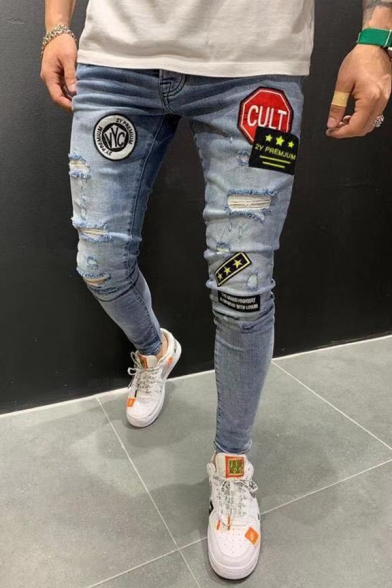 Men's Popular Fashion Letter Badge Embroidered Patch Skinny Ripped Jeans