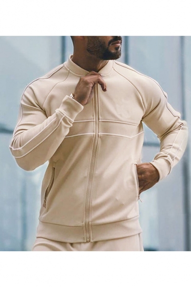 Men's Trendy Plain Long Sleeve Stand-Collar Zip Up Running Sport Slim Bomber Jacket