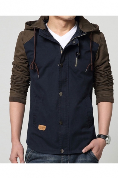 Mens Fashion Colorblock Print Single Breasted Long Sleeve Fitted Casual Hooded Field Jacket