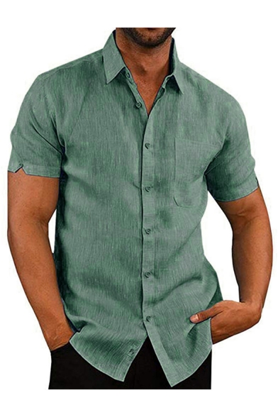 Mens Plain Short Sleeve Button Down Pocket Front Linen Cotton Shirt ...