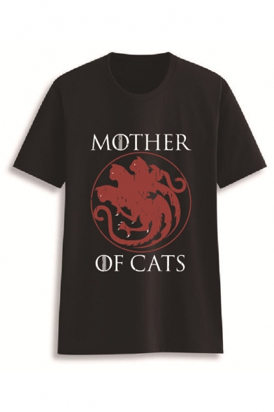 MOTHER OF CATS Letter Cat Printed Short Sleeve Round Neck Casual Loose Cotton T Shirt