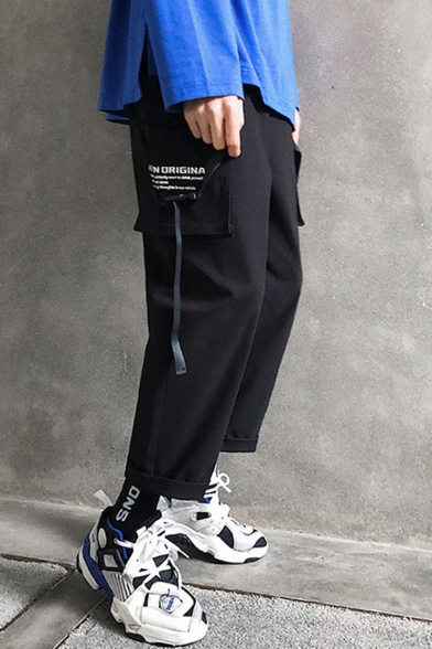 New Arrival Stylish Letter Printed Buckle Strap Embellished Mens Casual Cargo Pants