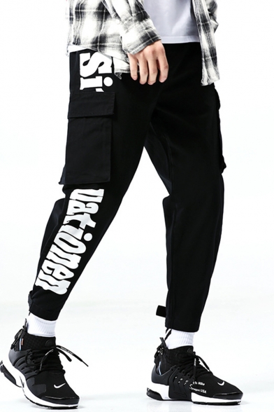 New Arrival Stylish Letter Printed Double Flap Pocket Side Gathered Cuffs Mens Trendy Casual Cargo Pants