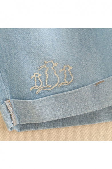 New Arrival Summer Elastic Waist Rolled Hem Cat Embroidered Multi Pocket Loose Denim Shorts
