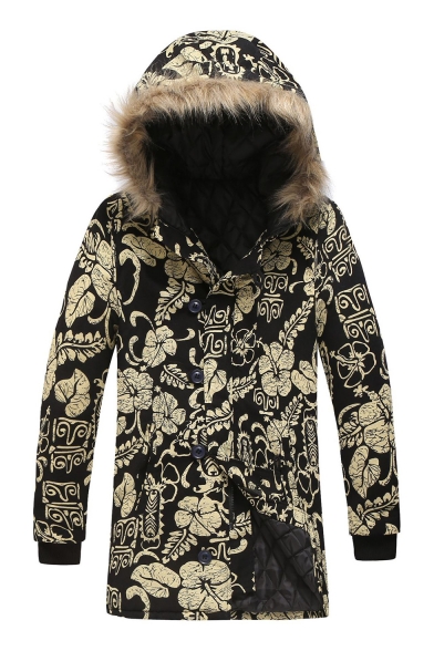 New Arrival Unique Tribal Print Single Breasted Long Sleeve Hood Concealed Longline Black Padded Coat