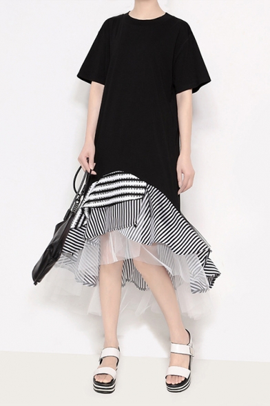 New Fashion Round Neck Short Sleeve Hybrid Panelled Striped Ruffles Chiffon Shift T-Shirt Asymmetrical Maxi Dress