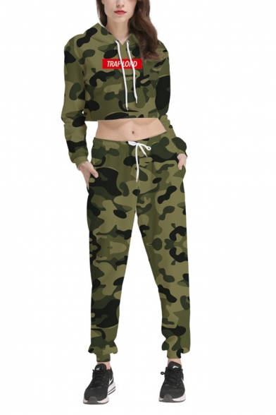 

New Popular Green TRAP LORD Letter Camouflage Printed Long Sleeve Loose Cropped Hoodie, LM555143