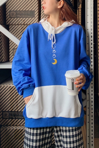 New Popular Letter Moon Pattern Embroidered Color Block Long Sleeve Drawstring Loose Pullover Hoodie With Pocket