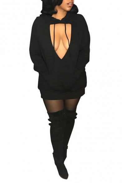 New Stylish Black Sexy Hollow Out Front Long Sleeve Drawstring Longline Hoodie