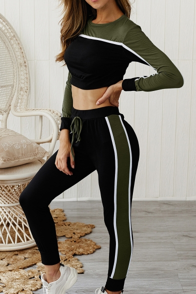 New Stylish Color Block Long Sleeve Crop Tee with Slim Fit Joggers Pants Two-Piece Set