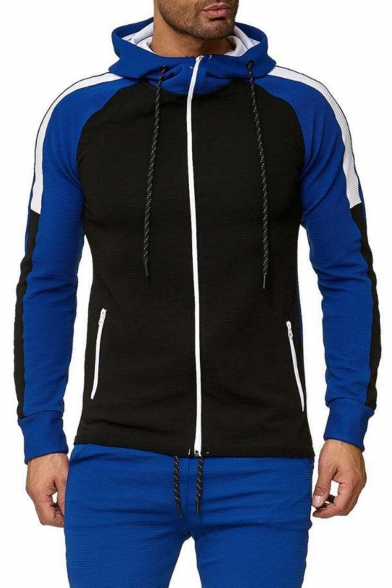 New Stylish Colorblock Patched Drawstring Hooded Long Sleeve Slim Fitted Casual Sports Zip Up Hoodie for Men